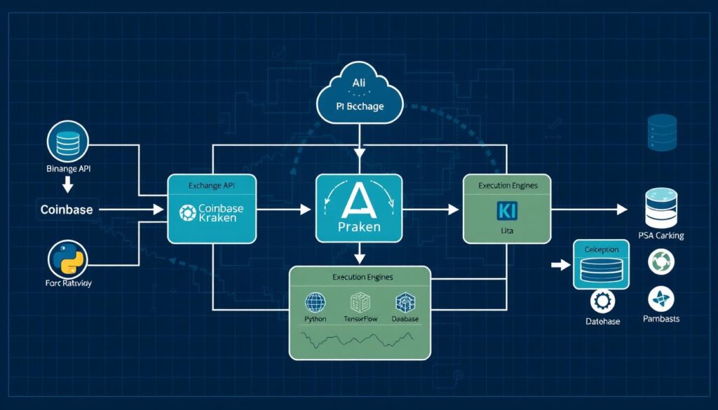 Technical setup for AI cryptocurrency arbitrage trading showing connected exchanges and data flow