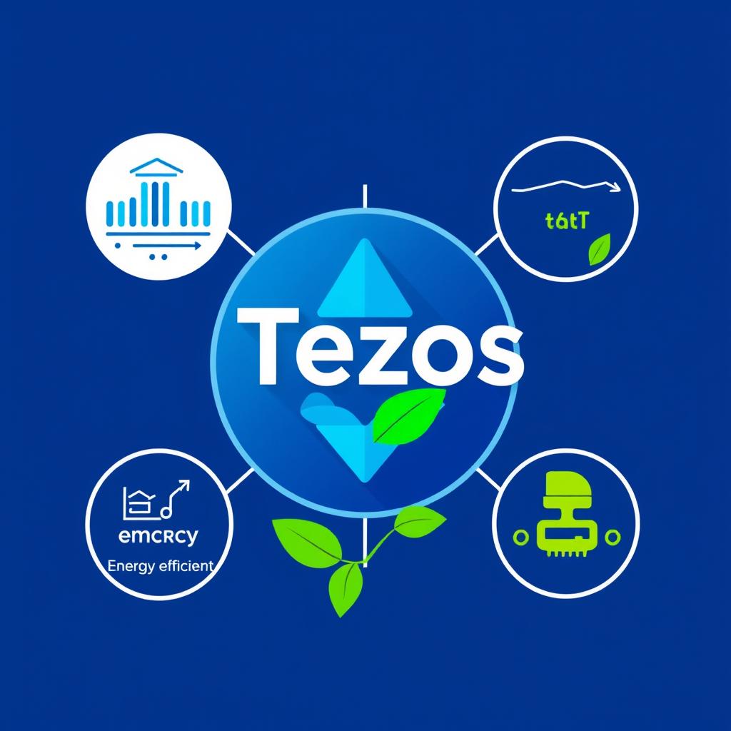 Tezos logo with on-chain governance and sustainability visualization