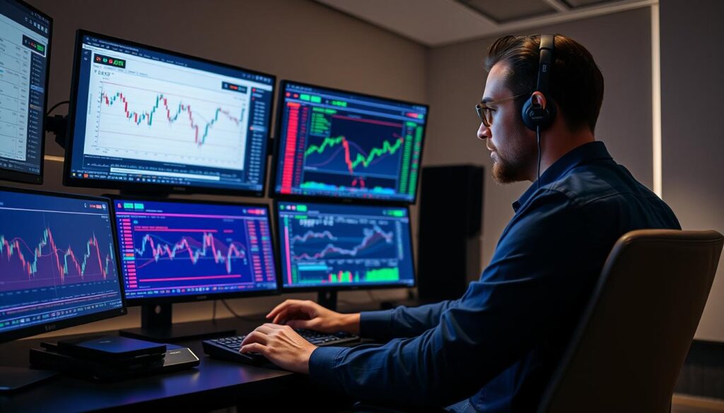 Trader analyzing AI cryptocurrency arbitrage trading results on multiple screens