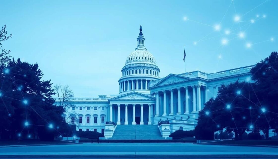 US government buildings with digital blockchain overlay representing government blockchain adoption