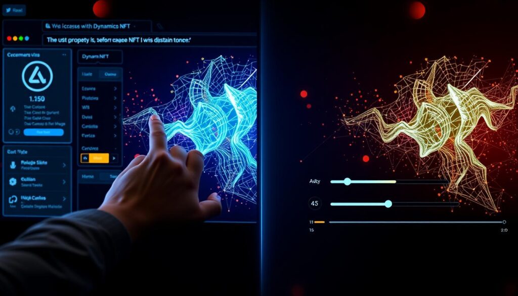 User interacting with a dynamic NFT through a web interface, causing the NFT to change