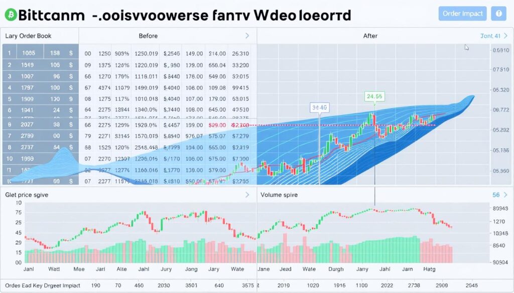 Visualization of a whale order's market impact on Bitcoin price and order book depth