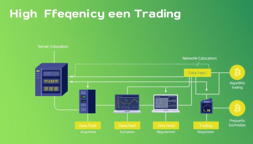 Visualization of high-frequency trading infrastructure for cryptocurrency markets showing low-latency connections