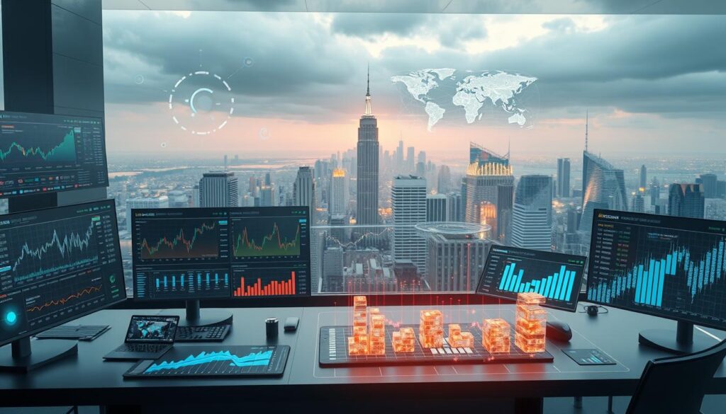 a detailed, cinematic, and photorealistic scene depicting a variety of cryptocurrency data aggregation tools and dashboards. in the foreground, an array of sleek digital interfaces and visualizations, showcasing real-time market data, trading insights, and portfolio analytics. in the middle ground, holographic projections and interactive data models float above a modern, minimalist workspace, with subdued lighting and a sense of technological precision. in the background, a panoramic cityscape of a futuristic, gleaming metropolis, representing the global scale and impact of the cryptocurrency ecosystem. the overall mood is one of cutting-edge innovation, data-driven decision making, and the powerful integration of finance and technology.