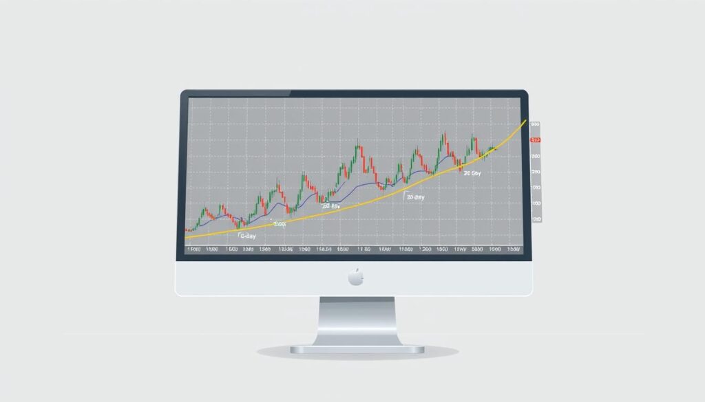 a detailed digital illustration of a moving average trading strategy, featuring a computer screen displaying a line chart with multiple moving averages of different time periods, such as 20-day, 50-day, and 200-day, overlaid on the price chart. The chart is set against a neutral background, with subtle grid lines and annotations to highlight the key components of the trading strategy. The illustration has a clean, technical aesthetic, with muted colors and precise, vector-based elements to convey a sense of professionalism and analytical rigor. The overall composition is balanced and visually appealing, with the moving averages prominently displayed to illustrate their role in the trading strategy.