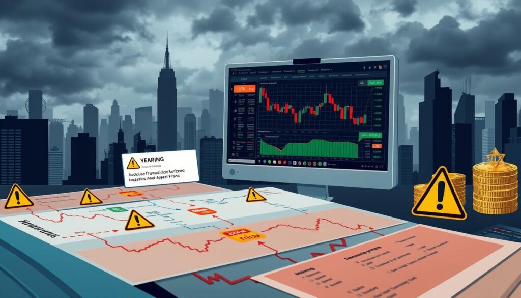 a detailed digital illustration of suspicious cryptocurrency transactions, with a focus on irregular patterns, suspicious wallet addresses, and suspicious fund movements. the foreground shows a series of colorful transaction flow diagrams, overlaid with warning symbols and alert indicators. the middle ground depicts a computer screen displaying a cryptocurrency trading platform interface, with various technical indicators and data visualizations. the background features a darkened cityscape, with silhouetted skyscrapers and a moody, ominous atmosphere. the overall scene conveys a sense of financial unease and the need for vigilance in the cryptocurrency market.