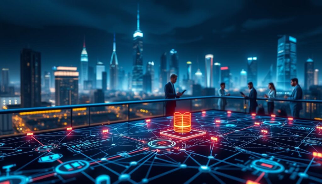a detailed, hyper-realistic illustration of a smart contract development platform security assessment, with a clear foreground, middle-ground, and background. The foreground features a complex blockchain network diagram with nodes, transactions, and security protocols, all rendered in a detailed, technical style. The middle-ground showcases a team of cybersecurity experts analyzing the network, using advanced analytics tools and dashboards. The background depicts a futuristic, high-tech cityscape with skyscrapers and glowing neon lights, creating a sense of scale and technological sophistication. The lighting is dramatic, with a cool, bluish hue, and the camera angle is slightly elevated to provide an overview of the scene. The overall mood is one of careful evaluation, complex analysis, and the importance of robust security in the world of smart contract platforms.