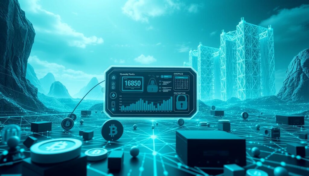 a detailed illustration of blockchain privacy tools in a futuristic and secure digital landscape. in the foreground, various blockchain symbols and icons float in a sea of interconnected data streams. in the middle ground, a sleek, holographic interface displays real-time analytics and encrypted data visualizations. in the background, a towering blockchain network infrastructure stretches into the distance, with nodes and servers arranged in a crystalline, geometric pattern. the scene is bathed in a cool, teal-blue light, conveying a sense of advanced technology and digital privacy.