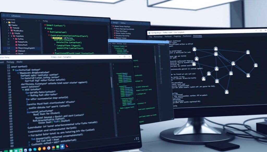 a detailed, technical illustration of a software development project configuration setup for an Ethereum smart contracts project. The scene depicts a computer desktop with multiple windows and applications open, showcasing the various tools and configurations required to build and deploy a blockchain application. The foreground features a code editor with smart contract files, the middle ground includes a terminal window displaying development commands, and the background shows a blockchain network visualization or deployment diagram. The lighting is clean and bright, with a professional, focused atmosphere to convey the technical nature of the subject matter.