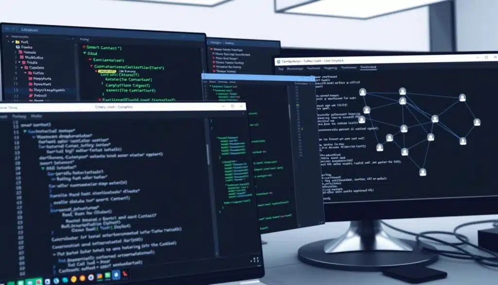 a detailed, technical illustration of a software development project configuration setup for an Ethereum smart contracts project. The scene depicts a computer desktop with multiple windows and applications open, showcasing the various tools and configurations required to build and deploy a blockchain application. The foreground features a code editor with smart contract files, the middle ground includes a terminal window displaying development commands, and the background shows a blockchain network visualization or deployment diagram. The lighting is clean and bright, with a professional, focused atmosphere to convey the technical nature of the subject matter.