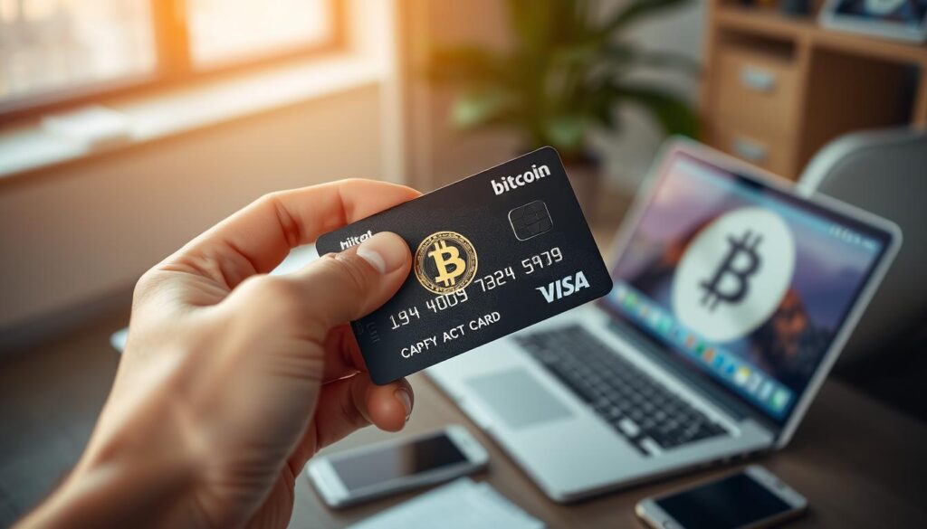 a high-quality, photorealistic image of a person's hand holding a credit card that is being used to make a digital cryptocurrency payment transaction. The credit card has a chip and contactless payment interface. In the background, there is a clean, modern office setting with a laptop, smartphone, and other digital devices, suggesting a secure online environment for the transaction. The lighting is warm and natural, creating a sense of ease and efficiency. The composition is well-balanced, with the card payment process as the central focus, conveying the idea of safely buying bitcoin with a credit card.