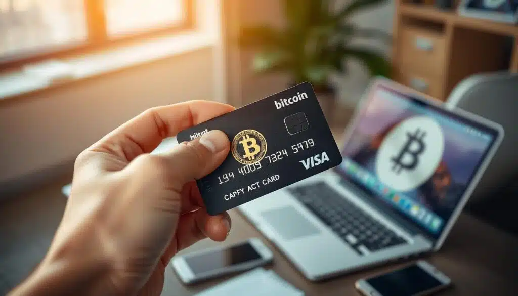 a high-quality, photorealistic image of a person's hand holding a credit card that is being used to make a digital cryptocurrency payment transaction. The credit card has a chip and contactless payment interface. In the background, there is a clean, modern office setting with a laptop, smartphone, and other digital devices, suggesting a secure online environment for the transaction. The lighting is warm and natural, creating a sense of ease and efficiency. The composition is well-balanced, with the card payment process as the central focus, conveying the idea of safely buying bitcoin with a credit card. a high-quality, photorealistic image of a person's hand holding a credit card that is being used to make a digital cryptocurrency payment transaction. The credit card has a chip and contactless payment interface. In the background, there is a clean, modern office setting with a laptop, smartphone, and other digital devices, suggesting a secure online environment for the transaction. The lighting is warm and natural, creating a sense of ease and efficiency. The composition is well-balanced, with the card payment process as the central focus, conveying the idea of safely buying bitcoin with a credit card.