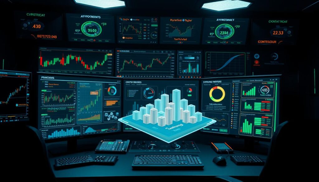 a high-tech control panel with multiple monitors, digital charts, and complex algorithms displayed in a dark, futuristic setting. The foreground features various trading indicators, candlestick charts, and AI-powered dashboards. The middle ground showcases a three-dimensional visualization of a cryptocurrency portfolio, with risk-adjusted metrics and optimization strategies. The background is dimly lit, creating an atmospheric, immersive environment that emphasizes the advanced, data-driven nature of modern cryptocurrency portfolio management.