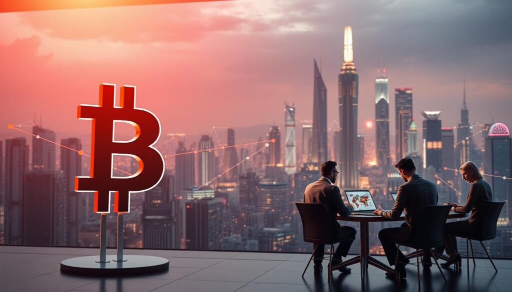 a highly detailed, cinematic, 4K resolution 3D rendered image of enterprise blockchain adoption benefits and implementation challenges. The foreground features a large blockchain symbol with connecting lines representing its benefits like transparency, security, and traceability. The middle ground shows a group of businesspeople discussing blockchain implementation, with laptops and charts depicting the challenges like scalability, integration, and regulatory compliance. The background showcases a futuristic cityscape with towering skyscrapers, representing the enterprise-level adoption of blockchain technology. The scene is lit by warm, dramatic lighting, creating a sense of innovation and progress. The camera angle is slightly elevated, giving a panoramic view of the entire scene.