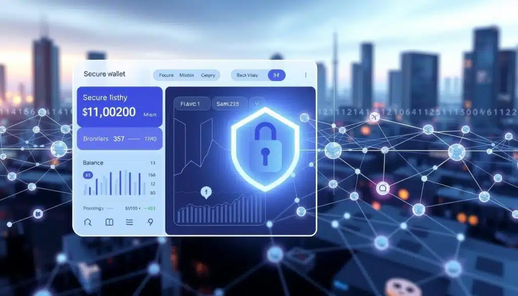 a highly detailed digital illustration of a secure cryptocurrency wallet interface, designed to showcase the integration of blockchain technology for enhanced security. The foreground features a sleek, minimalist wallet dashboard with seamless transaction history, balance display, and secure authentication mechanisms. The middle ground showcases the underlying blockchain network, with nodes, blocks, and cryptographic symbols interwoven to create a visually striking representation of the decentralized infrastructure. The background subtly incorporates futuristic cityscape elements, hinting at the broader ecosystem in which the secure wallet operates. The overall mood is one of technological sophistication, digital security, and the harmony between user experience and blockchain architecture. a highly detailed digital illustration of a secure cryptocurrency wallet interface, designed to showcase the integration of blockchain technology for enhanced security. The foreground features a sleek, minimalist wallet dashboard with seamless transaction history, balance display, and secure authentication mechanisms. The middle ground showcases the underlying blockchain network, with nodes, blocks, and cryptographic symbols interwoven to create a visually striking representation of the decentralized infrastructure. The background subtly incorporates futuristic cityscape elements, hinting at the broader ecosystem in which the secure wallet operates. The overall mood is one of technological sophistication, digital security, and the harmony between user experience and blockchain architecture.