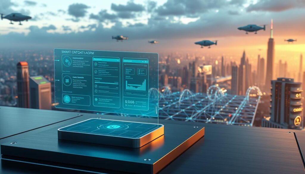 a highly detailed, photorealistic 3D render of a smart contract platform, with a futuristic and sleek design. in the foreground, a transparent holographic interface hovers above a dark metal surface, displaying various smart contract functions and transactions. in the middle ground, a complex network of blockchain nodes and servers is visible, with glowing blue and green lights pulsing across the interconnected systems. in the background, a vast cityscape stretches out, with towering skyscrapers and hovercraft zipping through the air, all bathed in a warm, ambient glow. the scene conveys a sense of advanced technology, efficiency, and the immense scale and complexity of modern decentralized finance.