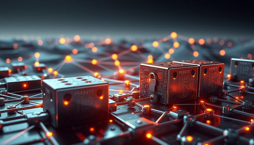 a highly detailed, photorealistic digital illustration of a blockchain ledger, depicted as an intricate, secure system of interconnected blocks and nodes, with a focus on the technology's robust encryption and immutable data storage. The foreground features a close-up view of several blockchain blocks, showcasing the cryptographic hashes and digital signatures that ensure the integrity of the ledger. The middle ground depicts the broader network of nodes, linked by glowing lines representing the secure transaction pathways. The background is a minimalist, futuristic landscape, hinting at the global, decentralized nature of blockchain technology. The overall scene conveys a sense of technological sophistication, security, and the revolutionary potential of blockchain in the digital economy.