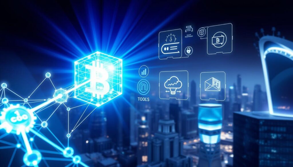 a highly detailed, photorealistic illustration of the essential components and concepts that make up blockchain technology. In the foreground, a glowing, transparent blockchain network structure with interconnected nodes and cryptographic blocks. In the middle ground, floating holographic icons and infographics representing blockchain's key features such as decentralization, immutability, smart contracts, and cryptocurrency. The background is a sleek, minimalist cityscape with futuristic architecture, hinting at blockchain's potential to transform urban environments and business infrastructure. The lighting is dramatic, with rays of blue and purple light emanating from the blockchain structure, creating an atmosphere of technological innovation and disruption.