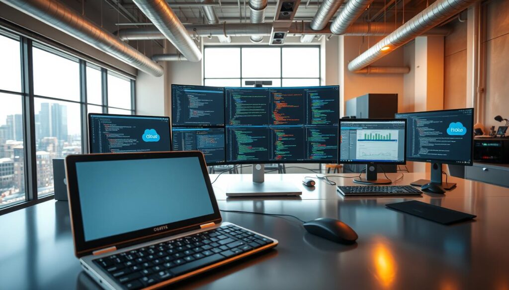 a well-organized, high-tech development environment with various tools and software displayed on a sleek, metallic desk. In the foreground, a modern laptop, keyboard, and mouse are neatly arranged. In the middle ground, several monitors show coding interfaces, debugging tools, and cloud-based services. The background features a minimalist, industrial-style setting with exposed pipes, ducts, and a large window overlooking a cityscape. Warm, directional lighting casts shadows and highlights the tools, creating a sense of depth and a professional, productive atmosphere.