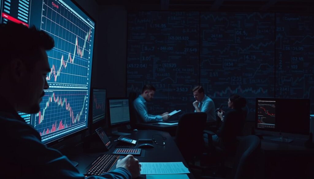 A CRYPTOMAXIMAL trading desk, dimly lit by a holographic display showcasing multiple trading strategies. In the foreground, a trader analyzes candlestick charts, their face illuminated by the glow of the screen. Strategically placed monitors display real-time market data, financial indicators, and algorithmic trading models. In the middle ground, a team of analysts pore over financial reports, discussing optimal portfolio allocations. The background is shrouded in a haze of complex mathematical formulas and code, representing the intricate AI-driven decision-making process. The atmosphere is tense yet focused, as the team works to harness the power of technology to outperform traditional trading methods.