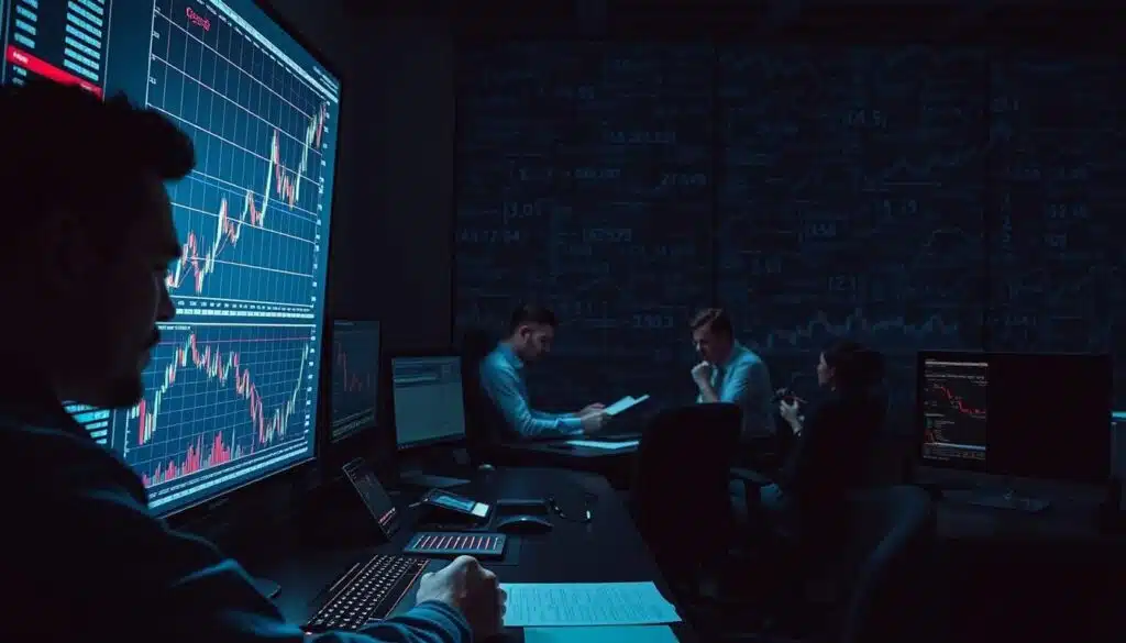 A CRYPTOMAXIMAL trading desk, dimly lit by a holographic display showcasing multiple trading strategies. In the foreground, a trader analyzes candlestick charts, their face illuminated by the glow of the screen. Strategically placed monitors display real-time market data, financial indicators, and algorithmic trading models. In the middle ground, a team of analysts pore over financial reports, discussing optimal portfolio allocations. The background is shrouded in a haze of complex mathematical formulas and code, representing the intricate AI-driven decision-making process. The atmosphere is tense yet focused, as the team works to harness the power of technology to outperform traditional trading methods.