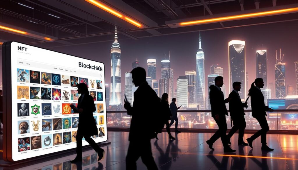 A bustling blockchain marketplace, showcasing a diverse selection of NFT offerings. In the foreground, a crisp, clean user interface displays a grid of vibrant digital artworks, each with a unique design and style. The middle ground features silhouettes of buyers and sellers, navigating the marketplace with intent. In the background, a sleek, futuristic cityscape provides a sophisticated, technological backdrop, with shimmering skyscrapers and holographic accents. The scene is illuminated by a warm, directional lighting, casting dynamic shadows and highlighting the intricacy of the digital assets. The overall atmosphere conveys a sense of innovation, opportunity, and the boundless potential of the blockchain-powered NFT ecosystem.