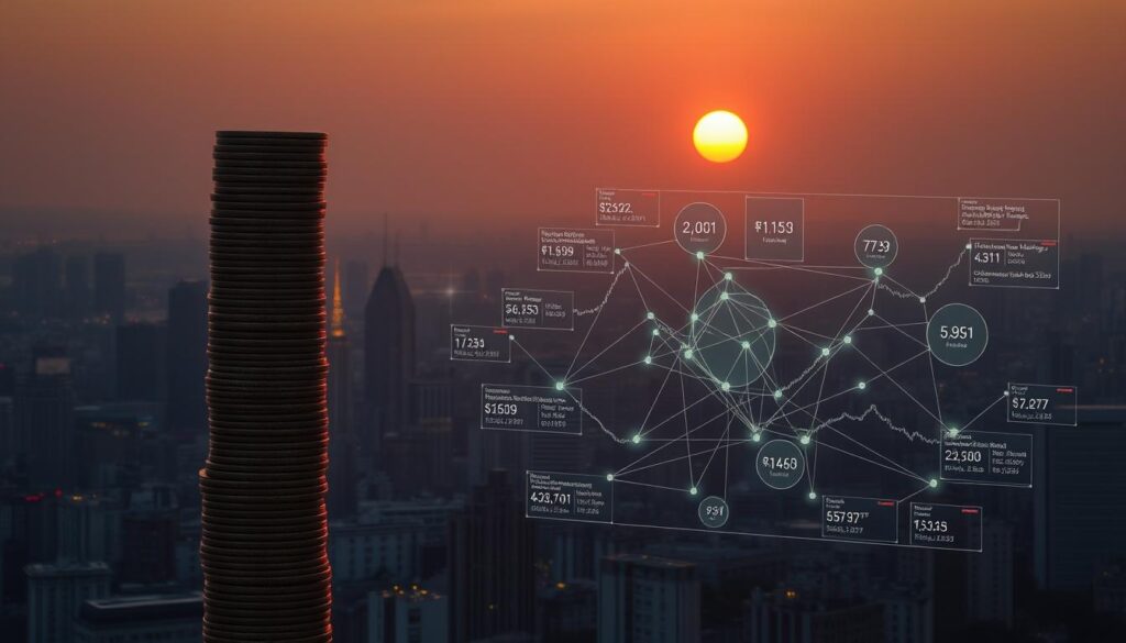 A bustling cityscape, illuminated by the soft glow of a setting sun, serves as the backdrop for the Stablecoins Market Impact. In the foreground, a towering stack of digital currencies, each representing a different stablecoin, casts a long shadow over the urban landscape. The middle ground is occupied by a series of data visualizations, depicting the intricate web of market relationships and the influence of stablecoins on the overall cryptocurrency ecosystem. Subtle holographic overlays provide insights into the fluctuating prices, trading volumes, and market capitalization of these stabilizing digital assets. The lighting is cinematic, creating a sense of depth and drama, while the camera angle is slightly elevated, offering a panoramic view of the scene. The overall mood is one of complexity, innovation, and the transformative power of stablecoins in the ever-evolving crypto landscape.