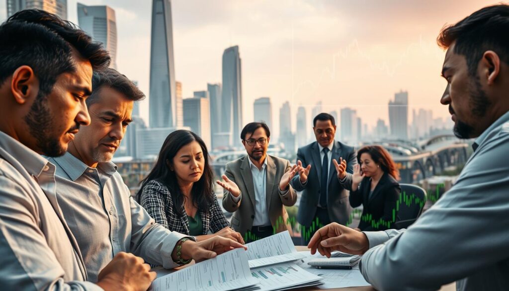 A bustling cityscape, with towering skyscrapers and a vibrant street below. In the foreground, a group of daily earners, their faces etched with concern, gather around a table, poring over financial documents. Soft, warm lighting illuminates their expressions, conveying a sense of contemplation and cautious optimism. In the middle ground, a team of financial advisors gestures animatedly, offering guidance and strategies to the earners. The background is a blend of muted hues, with the faint outline of a cryptocurrency exchange dashboard visible, hinting at the digital landscape in which these individuals operate. The overall mood is one of thoughtful deliberation, as the earners navigate the delicate balance of risk and reward in their pursuit of financial stability.