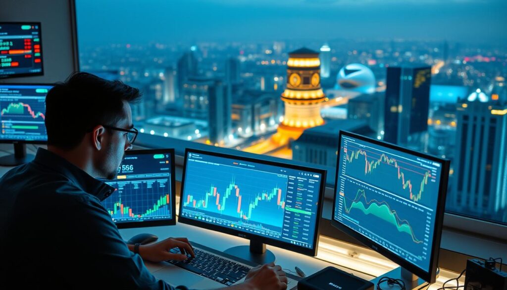 A bustling crypto trading desk, illuminated by the soft glow of multiple screens displaying real-time data. In the foreground, a trader intently analyzes a series of candlestick charts, using advanced technical indicators to identify emerging trends. The middle ground showcases a sleek, futuristic dashboard, with intuitive visualizations and AI-powered trading strategies. In the background, a panoramic view of a dynamic cityscape, hinting at the global reach and interconnectedness of the cryptocurrency markets. The scene exudes a sense of focus, innovation, and the thrill of navigating the ever-evolving world of digital finance.