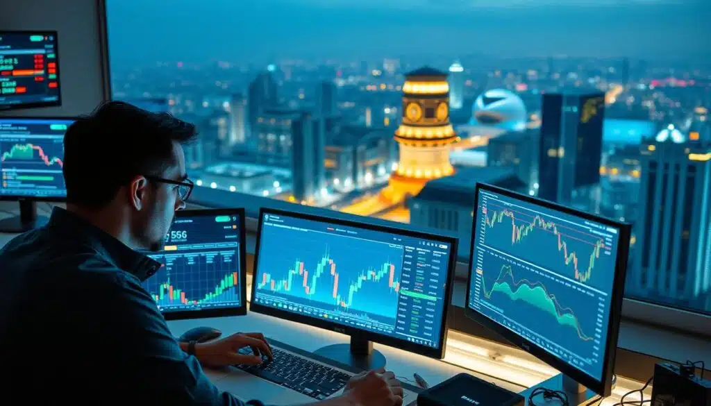A bustling crypto trading desk, illuminated by the soft glow of multiple screens displaying real-time data. In the foreground, a trader intently analyzes a series of candlestick charts, using advanced technical indicators to identify emerging trends. The middle ground showcases a sleek, futuristic dashboard, with intuitive visualizations and AI-powered trading strategies. In the background, a panoramic view of a dynamic cityscape, hinting at the global reach and interconnectedness of the cryptocurrency markets. The scene exudes a sense of focus, innovation, and the thrill of navigating the ever-evolving world of digital finance.