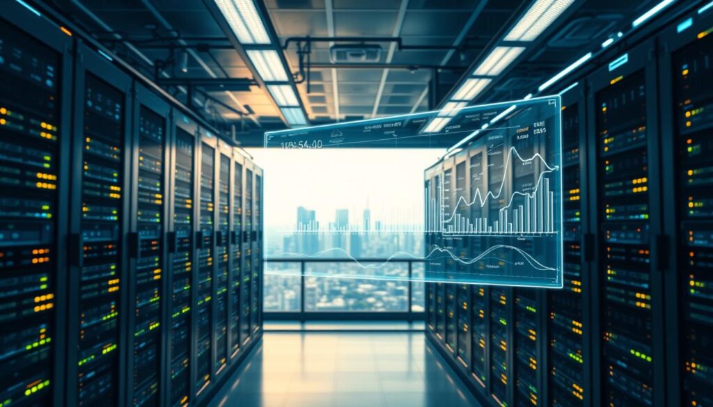 A bustling data center, humming with the energy of cryptocurrency analytics. In the foreground, a network of interconnected servers, their lights blinking in a mesmerizing rhythm. The middle ground showcases a holographic display, presenting complex charts and graphs that capture the ebb and flow of the crypto market. In the background, a panoramic view of the city skyline, hinting at the global scale of the cryptocurrency ecosystem. The lighting is a perfect balance of cool blues and warm yellows, creating a sense of technological sophistication. The camera angle is slightly elevated, giving the viewer a sense of observing the scene from an expert's perspective. The overall atmosphere conveys the challenges and opportunities inherent in the data-driven world of cryptocurrency sentiment analysis.