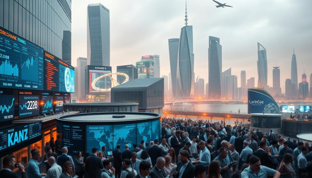 A bustling financial district, with towering skyscrapers and a thriving stock exchange. In the foreground, a confluence of digital screens and holographic displays showcasing real-time blockchain data, cryptocurrency exchange rates, and smart contract transactions. In the middle ground, a diverse crowd of bankers, traders, and fintech innovators, engaged in animated discussions, laptops and tablets in hand. In the background, a futuristic cityscape with sleek, angular buildings and a glowing, neon-tinged skyline. Diffused, warm lighting casts a modern, techno-centric atmosphere, reflecting the seamless integration of blockchain technology into the heart of traditional finance.