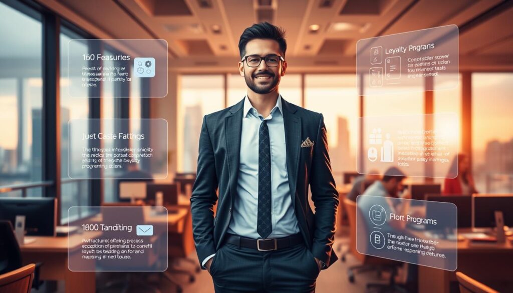 A bustling office setting, with a stylish businessman standing at the center, surrounded by holographic displays showcasing blockchain-powered loyalty program features. The room is bathed in warm, soft lighting, creating a professional and inviting atmosphere. In the background, a city skyline is visible through large windows, adding a sense of urban sophistication. The overall composition emphasizes the business advantages of adopting a blockchain-based loyalty program, with the man's confident pose and the informative holograms conveying the power and potential of this innovative technology.