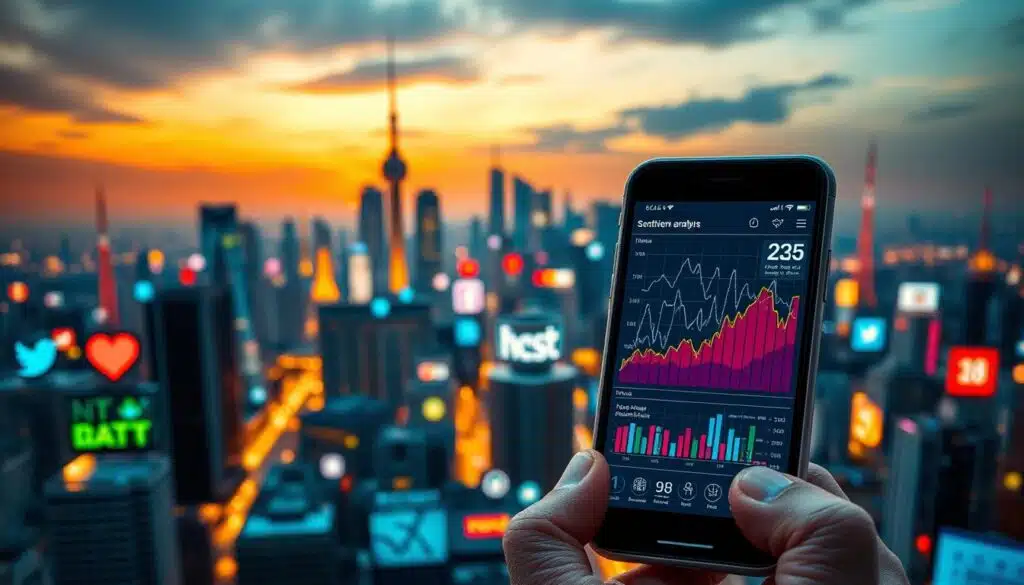 A bustling social media landscape with colorful data visualizations and sentiment analysis charts. In the foreground, a smartphone screen displays real-time sentiment data, with dynamic graphs and metrics tracking online conversations. In the middle ground, various social media platforms are represented by their iconic logos, pulsing with activity. The background features a cityscape of skyscrapers and communication towers, conveying the global reach and scale of social media. The scene is illuminated by a warm, modern lighting scheme, creating a sense of technological progress and data-driven insights. An immersive, high-detail image that captures the power of social media sentiment analysis.