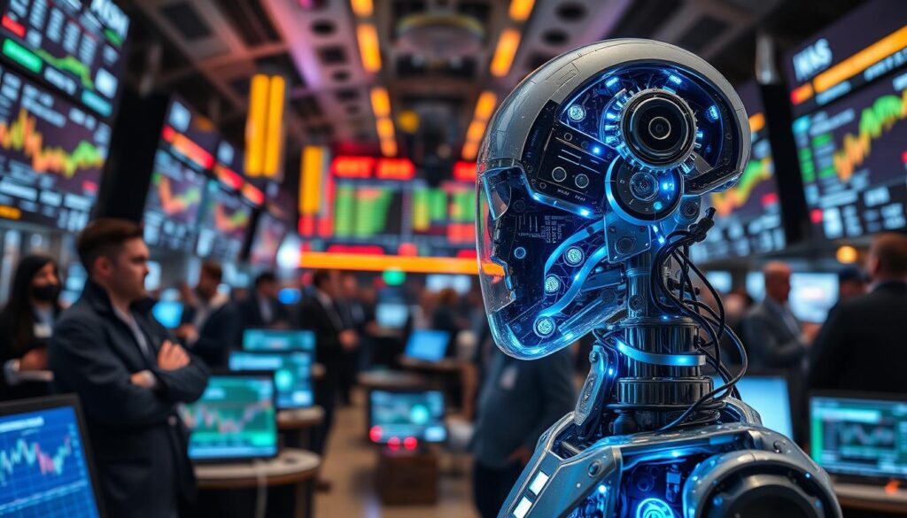 A bustling trading floor, filled with glowing screens and pulsing data visualizations. In the foreground, a sleek, futuristic AI trading bot, its inner workings visible through a transparent casing. Algorithms dance across the display, processing massive amounts of financial data in real-time. The bot's efficiency is reflected in the smooth, precise movements of its mechanical components, powered by advanced machine learning. In the middle ground, traders watch intently, their expressions a mix of concentration and awe, as the bot outperforms human counterparts. The background is a kaleidoscope of charts, graphs, and market indicators, all converging to illustrate the transformative power of AI-driven cryptocurrency trading.