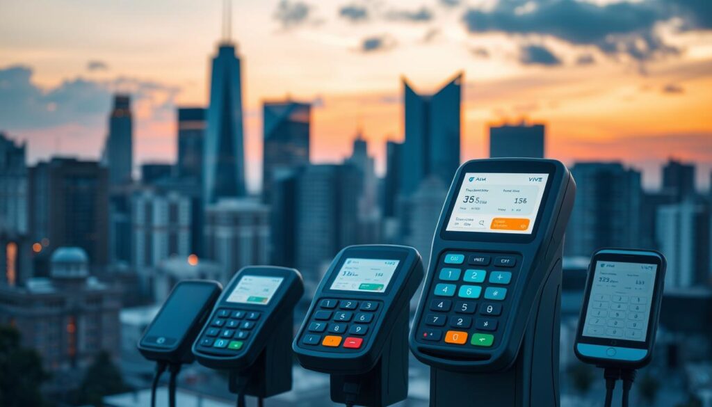 A cityscape at dusk, with skyscrapers and modern architecture in the background. In the foreground, a series of payment terminals and digital wallets, depicting various electronic payment methods and financial transaction flows. The lighting is soft and warm, creating a sense of sophistication and technological advancement. The overall composition conveys the integral role of payment systems in the global financial landscape and the progress towards a more digitized future.