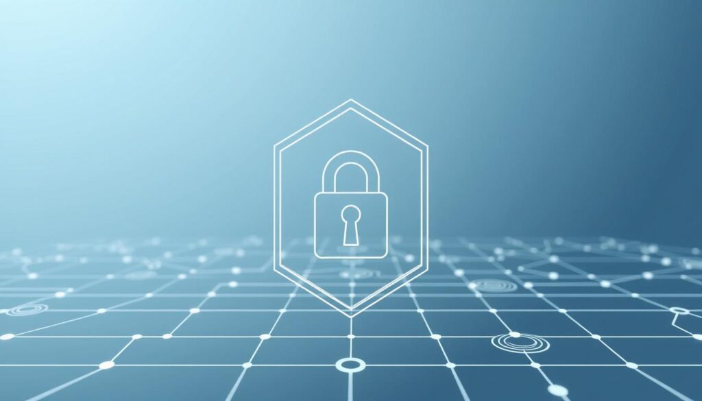A clean, minimalist data privacy framework, depicted through a wireframe-style illustration. The foreground showcases a sleek, interlocking data protection system, with geometric shapes and translucent overlays representing layers of security, encryption, and access control. The middle ground features a backdrop of interconnected nodes and data flows, symbolizing the complex network of information exchange. In the background, a subtle gradient of blues and grays creates a sense of depth and digital atmosphere, emphasizing the technological nature of the subject matter. The overall impression is one of a well-designed, efficient data privacy architecture, conveying a sense of trust, reliability, and responsible data management.
