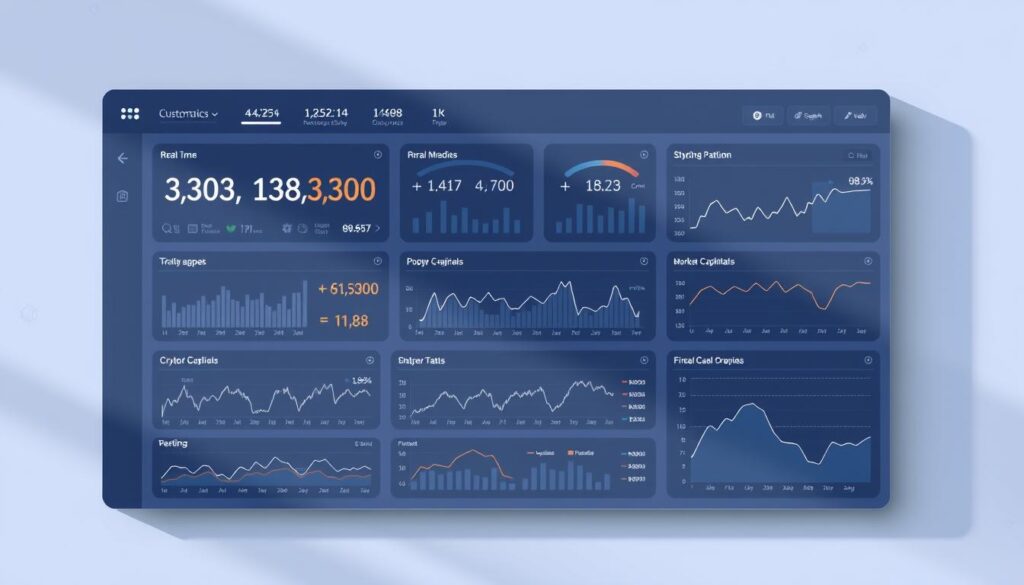 A clean, modern dashboard interface with customizable cryptocurrency data visualizations. In the foreground, a grid of interactive charts and graphs displaying real-time blockchain metrics such as trading volume, market capitalization, and price fluctuations. The middle ground features sleek, minimalist UI elements allowing users to toggle between different data sets and customize the layout. The background depicts a subtle, gradient-based color scheme with faint blockchain-inspired geometric patterns, conveying a high-tech, futuristic atmosphere. Soft, directional lighting casts gentle shadows, creating depth and dimensionality. The overall aesthetic is polished, intuitive, and tailored for institutional investors seeking a comprehensive, at-a-glance view of the crypto market.