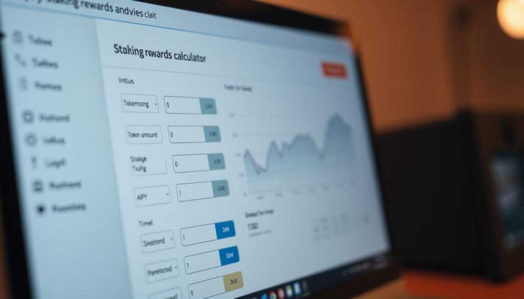 A close-up view of a computer screen displaying a user interface for a cryptocurrency staking rewards calculator. The foreground features a clean, minimal design with various input fields, slider bars, and buttons for inputting staking parameters such as token amount, APY, and staking duration. The middle ground showcases a dynamic visualization, possibly a line graph or chart, that updates in real-time to illustrate the projected staking rewards over time. The background subtly blurs out, creating a sense of depth and focus on the central calculator interface. Warm, muted lighting creates a calming, professional atmosphere, emphasizing the tool's functionality and user-friendly experience.