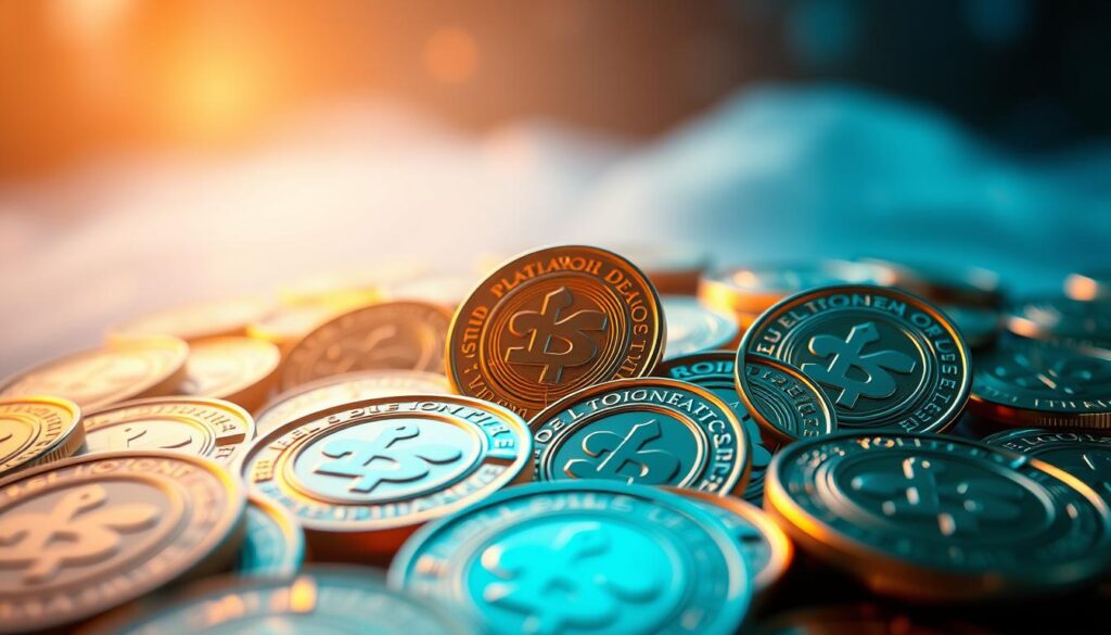 A collection of loyalty tokens, each a unique digital asset representing customer engagement and reward. In the foreground, the tokens are arranged in a captivating display, their edges gleaming under the warm lighting. The middle ground showcases the tokens' intricate designs, featuring symbolic patterns and subtle textures that invite closer inspection. The background blurs into a serene, ethereal atmosphere, creating a sense of depth and highlighting the tokens' digital nature. The overall composition conveys the value and significance of these loyalty tokens, serving as a visual representation of a successful cryptocurrency loyalty program that empowers merchants to boost sales and customer engagement.