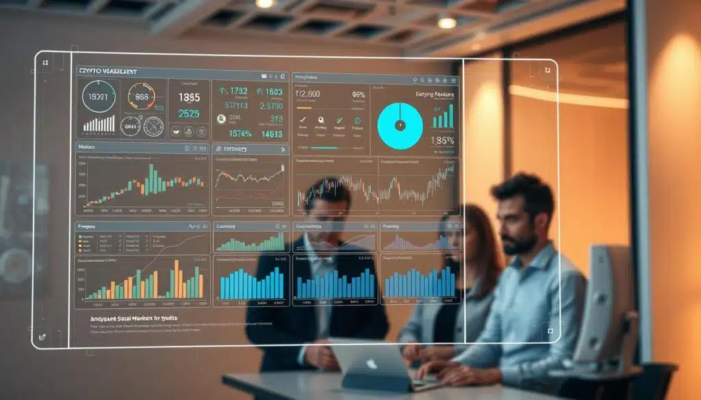 A complex data visualization framework against a backdrop of a modern, minimalist office setting. In the foreground, a sleek, holographic display showcases a comprehensive crypto market analysis dashboard, with interactive charts, graphs, and real-time data updates. The middle ground features a team of financial analysts intently studying the display, their expressions a mix of concentration and contemplation. The background is bathed in warm, diffused lighting, conveying a sense of professionalism and industry expertise. The overall scene evokes a cutting-edge, technology-driven approach to navigating the volatile and dynamic crypto markets.