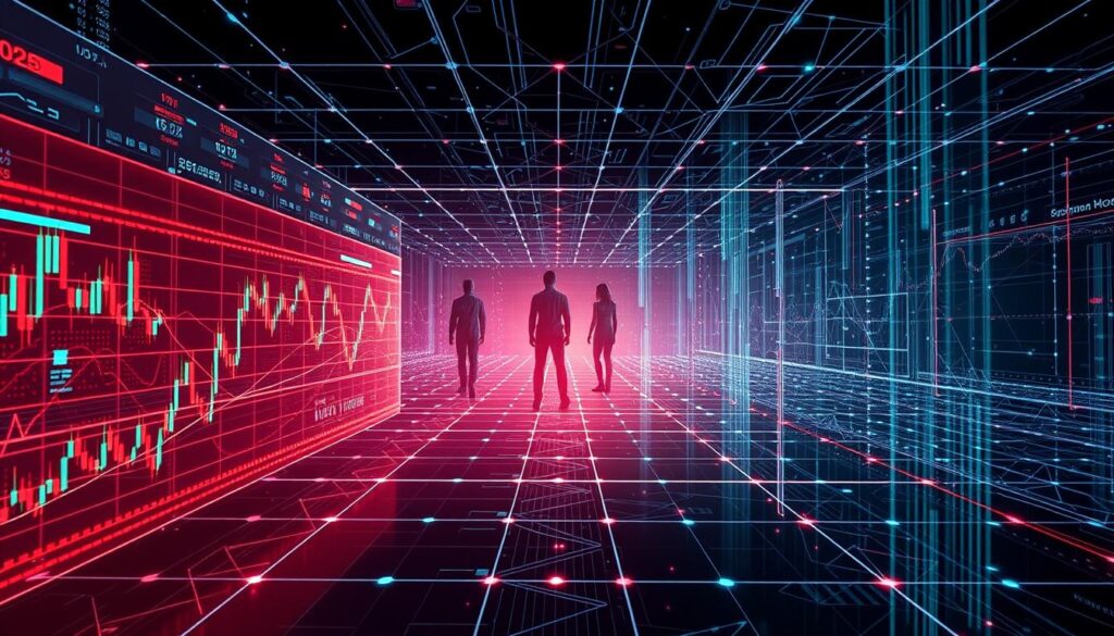 A complex matrix of interconnected algorithms and data flows, visualized in a sleek, minimalist style. In the foreground, candlestick charts and trading indicators dance across holographic displays, bathed in the soft glow of overlapping heatmaps. In the middle ground, a trio of digital agents, represented as abstract geometric forms, deliberate and adjust their strategies in real-time. The background depicts a vast, shadowy network of nodes and connections, pulsing with the rhythmic flow of market data. The overall atmosphere is one of precision, dynamism, and the fusion of human and artificial intelligence in the realm of algorithmic crypto trading.