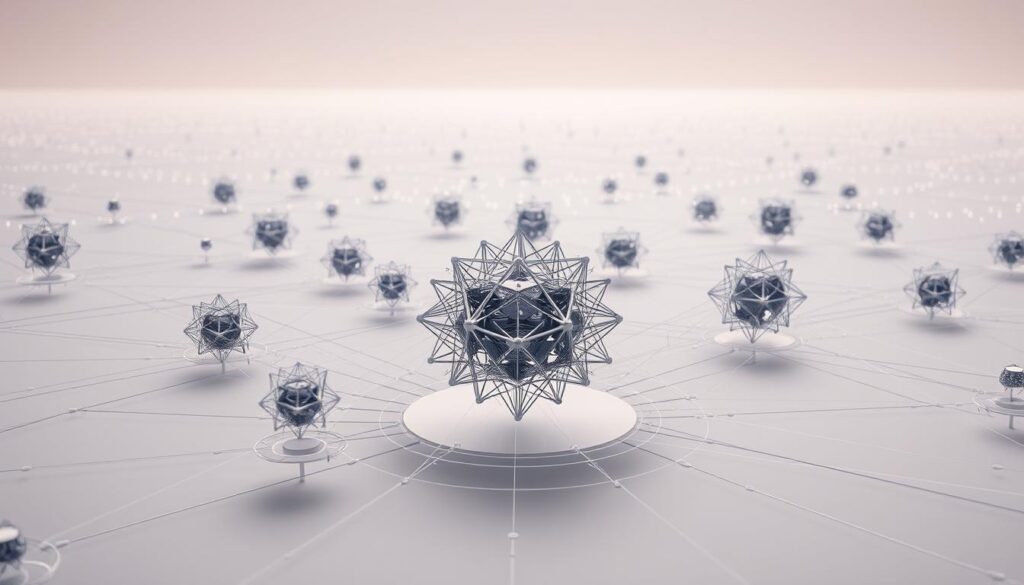 A complex network of machine learning models, their interconnected layers visible in a sleek, minimalist digital landscape. Crisp, photorealistic rendering with a muted color palette, gentle shadows, and a soft, ambient lighting that highlights the elegant, geometric shapes of the models. The foreground features a central model, its intricate architecture and neural pathways rendered in intricate detail, surrounded by smaller, satellite models orbiting it. The middle ground contains additional models in varying stages of training and evaluation, while the background subtly fades into an abstract, data-driven environment suggestive of the broader ecosystem of digital asset analysis and prediction.