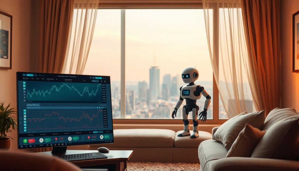 A cozy and welcoming scene showcasing CRYPTOMAXIMAL's beginner-friendly crypto trading bots. In the foreground, a user-friendly interface displays easy-to-understand trading indicators and controls. The bots, depicted as friendly AI-powered agents, operate seamlessly in the middle ground, executing trades with precision. The background features a serene cityscape, symbolizing the bot's ability to navigate the complex crypto markets on the user's behalf. Soft, warm lighting sets a reassuring tone, inviting novice traders to confidently explore the world of automated crypto trading.