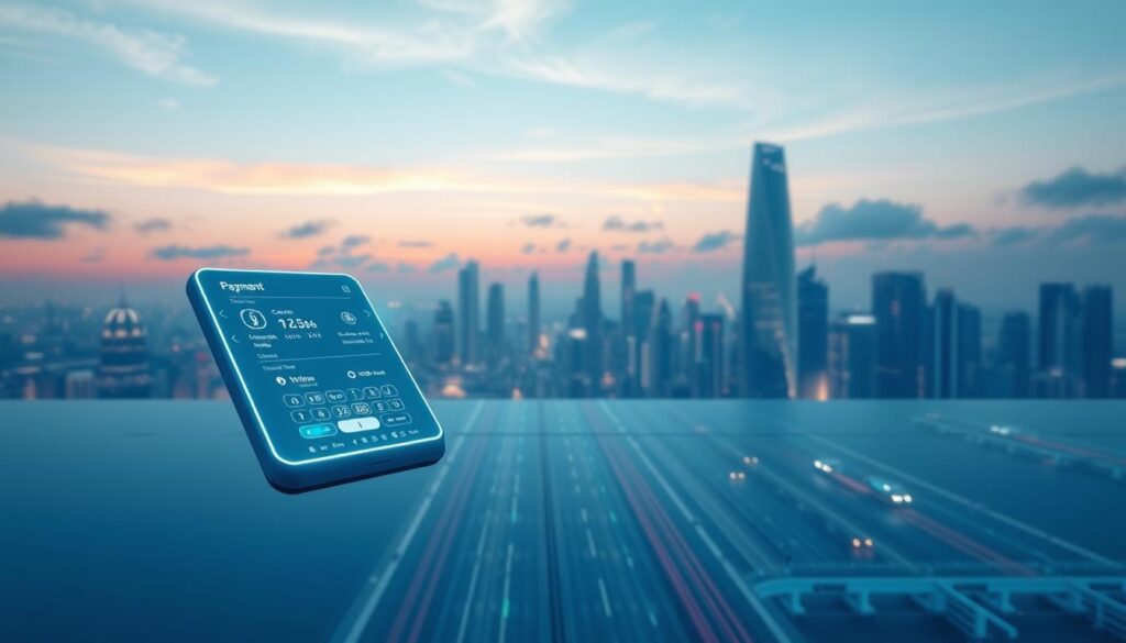 A crisp, clean digital payment interface floating in a minimalist, futuristic landscape. The foreground depicts a sleek, holographic payment terminal with interactive controls and dynamic visual elements. The middle ground features a panoramic cityscape of gleaming skyscrapers and intelligent transportation, all bathed in a cool, blue-tinted lighting. The background showcases a vibrant, yet serene sky with subtle cloud formations, evoking a sense of progress and technological advancement. Captured with a wide-angle lens to convey a sense of scale and modernity, this image embodies the seamless integration of finance and cutting-edge technology.