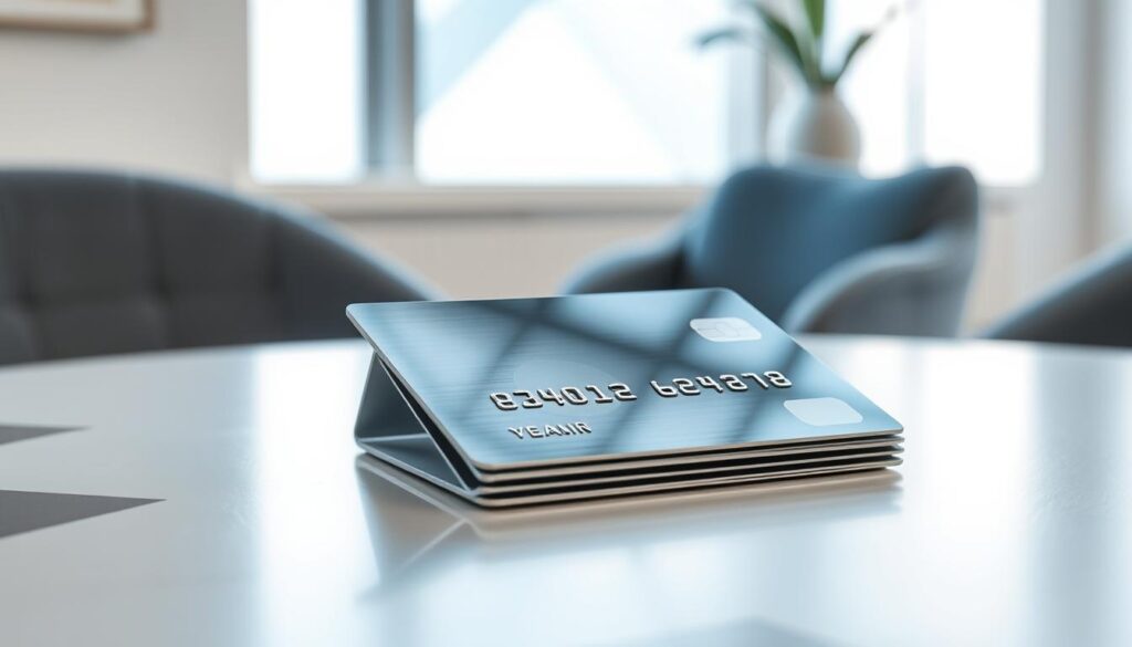 A crisp, modern foldable credit card made of brushed metal and glass rests on a minimalist table, its sleek edges gleaming under soft, diffused lighting. The card's surface reflects the room's contemporary decor - a stylized geometric pattern in shades of blue and gray. Surrounding the card are subtle design elements that evoke the idea of earning cryptocurrency rewards, such as subtle blockchain-inspired textures or abstract icons. The overall scene conveys a sense of seamless financial technology, secure digital assets, and effortless shopping experiences.