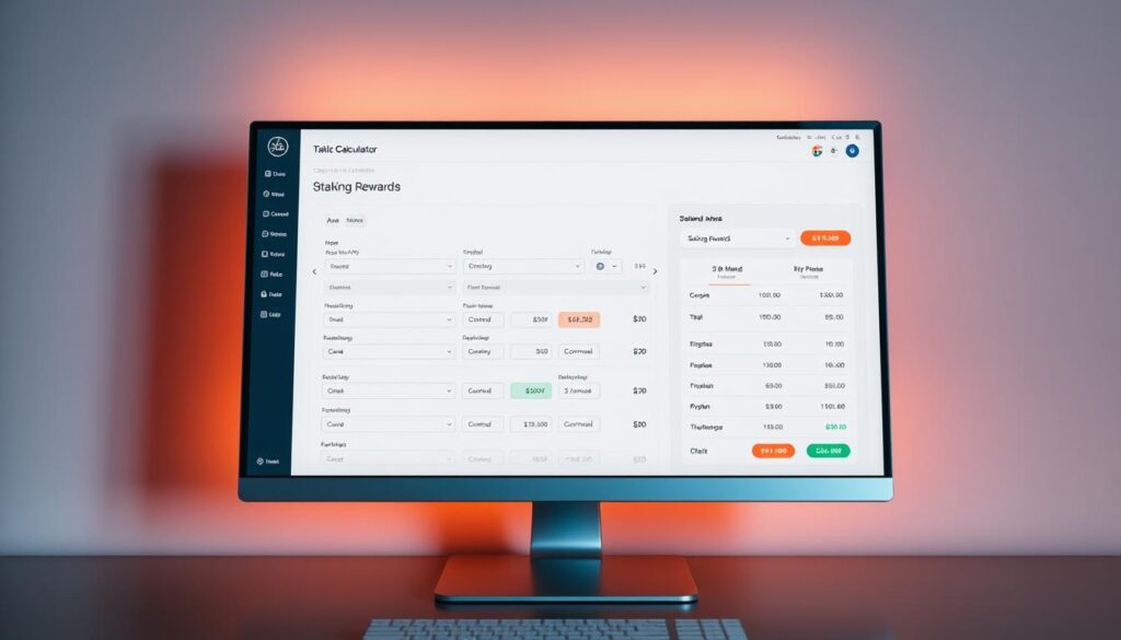 A crypto staking calculator interface on a sleek, modern desktop computer screen, displaying various input fields and interactive controls against a minimalist, neutral-toned background. The screen is illuminated by warm, directional lighting, creating a sense of depth and emphasis on the calculator's key elements. The calculator's design is clean, intuitive, and inviting, with clear visualizations of staking rewards, APY, and other relevant metrics. The overall mood is one of confidence, precision, and financial empowerment, reflecting the purpose of the calculator to help users model staking rewards with assurance.