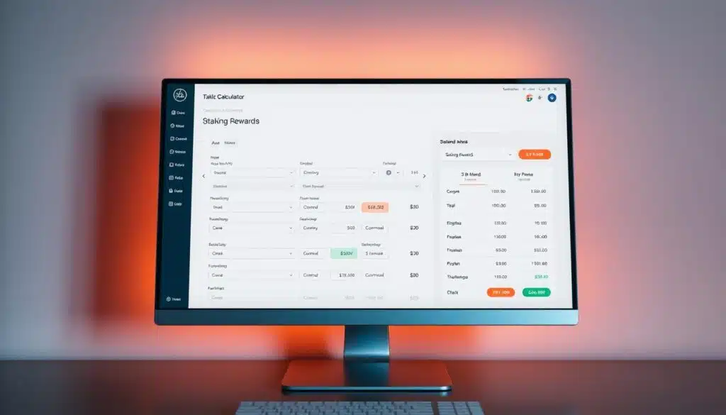 A crypto staking calculator interface on a sleek, modern desktop computer screen, displaying various input fields and interactive controls against a minimalist, neutral-toned background. The screen is illuminated by warm, directional lighting, creating a sense of depth and emphasis on the calculator's key elements. The calculator's design is clean, intuitive, and inviting, with clear visualizations of staking rewards, APY, and other relevant metrics. The overall mood is one of confidence, precision, and financial empowerment, reflecting the purpose of the calculator to help users model staking rewards with assurance.