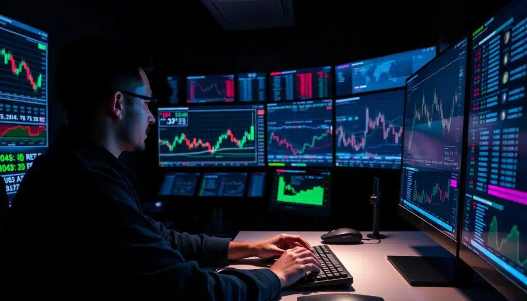 A dark, dramatic scene of real-time data analysis in crypto trading, illuminated by the glow of multiple high-resolution displays. In the foreground, a professional trader intently monitors CRYPTOMAXIMAL's cutting-edge trading dashboard, with candlestick charts, market indicators, and live order book data. The middle ground features a sleek, minimalist workstation with a mechanical keyboard and ergonomic mouse. In the background, a wall of monitors displays a panoramic view of the global cryptocurrency markets, pulsing with live price updates and news feeds. The overall atmosphere is one of focus, intensity, and the thrill of data-driven decision-making in the fast-paced world of digital finance.