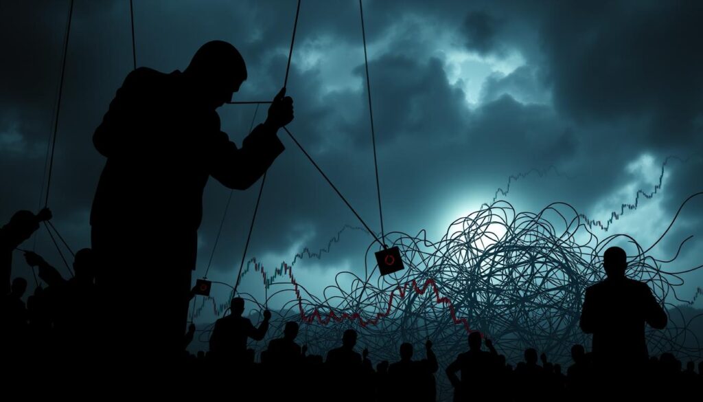 A dark, ominous scene of the crypto market. In the foreground, shadowy figures pulling levers and strings, manipulating the flow of digital assets. The middle ground depicts a tangled web of charts, graphs, and volatile price movements, reflecting the chaos and unpredictability of the market. In the background, a looming, clouded sky, hinting at the underlying risks and uncertainties that loom over the cryptocurrency landscape. The lighting is moody and dramatic, casting deep shadows and highlighting the sinister nature of market manipulation. The overall atmosphere is one of unease, vulnerability, and the unseen forces that can sway the fortunes of digital investors.